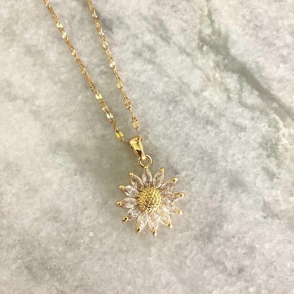 Sunflower Burst Cubic Zirconia Gold Toned Stainless Steel Necklace - Picture 5 of 5